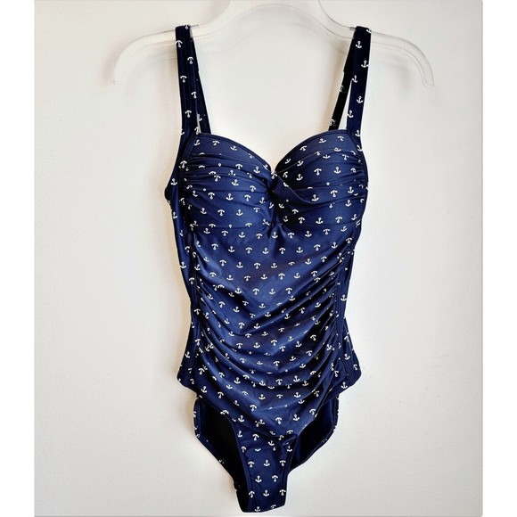 Nip Tuck Slimming Tummy Control Nautical Navy One Piece Swimsuit - Size 4 - Picture 1 of 15